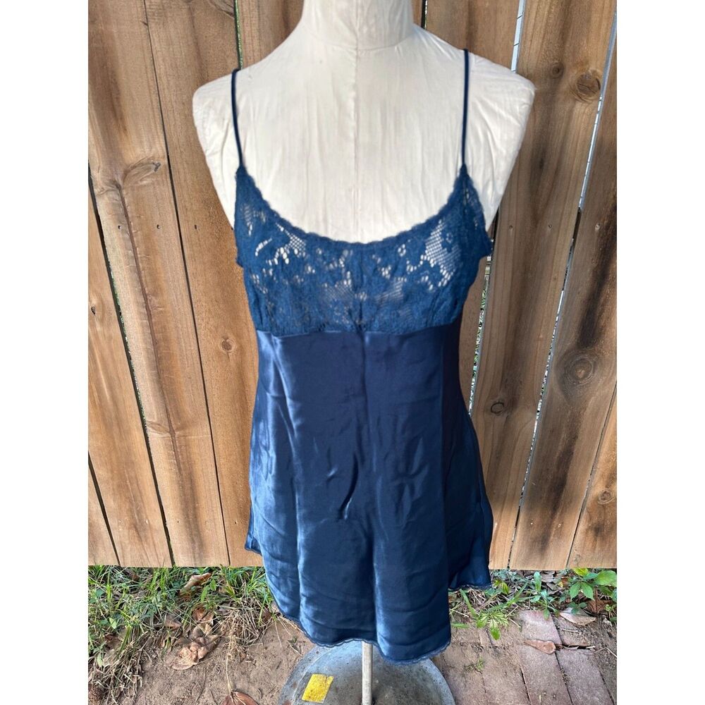 Vintage 80s VAL MODE Lingerie Mini GOWN Chemise Short Liquid Satin Lace Teal M